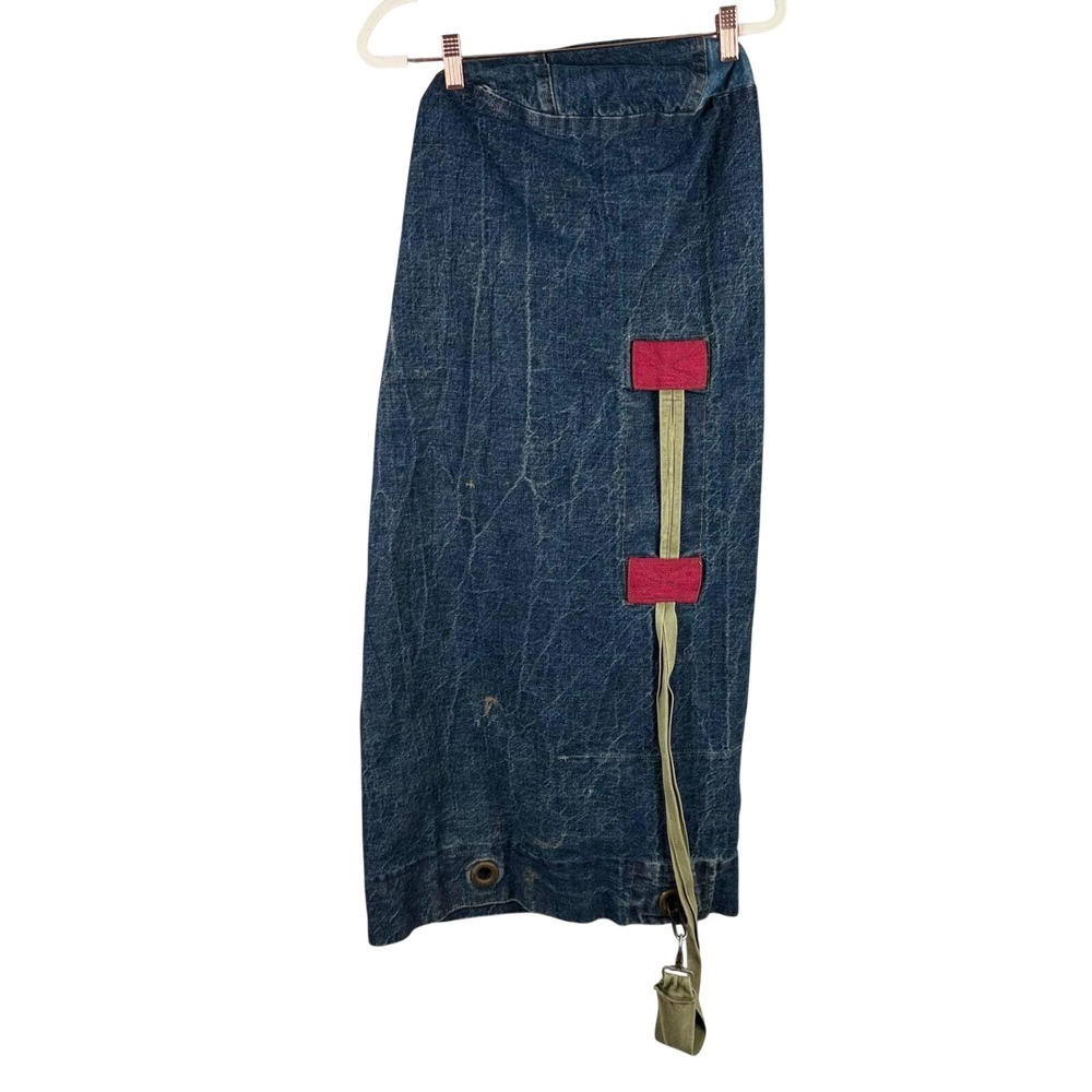 Vintage Denim Duffle Bag Blue Cotton Canvas Utility Sack with Red Accents